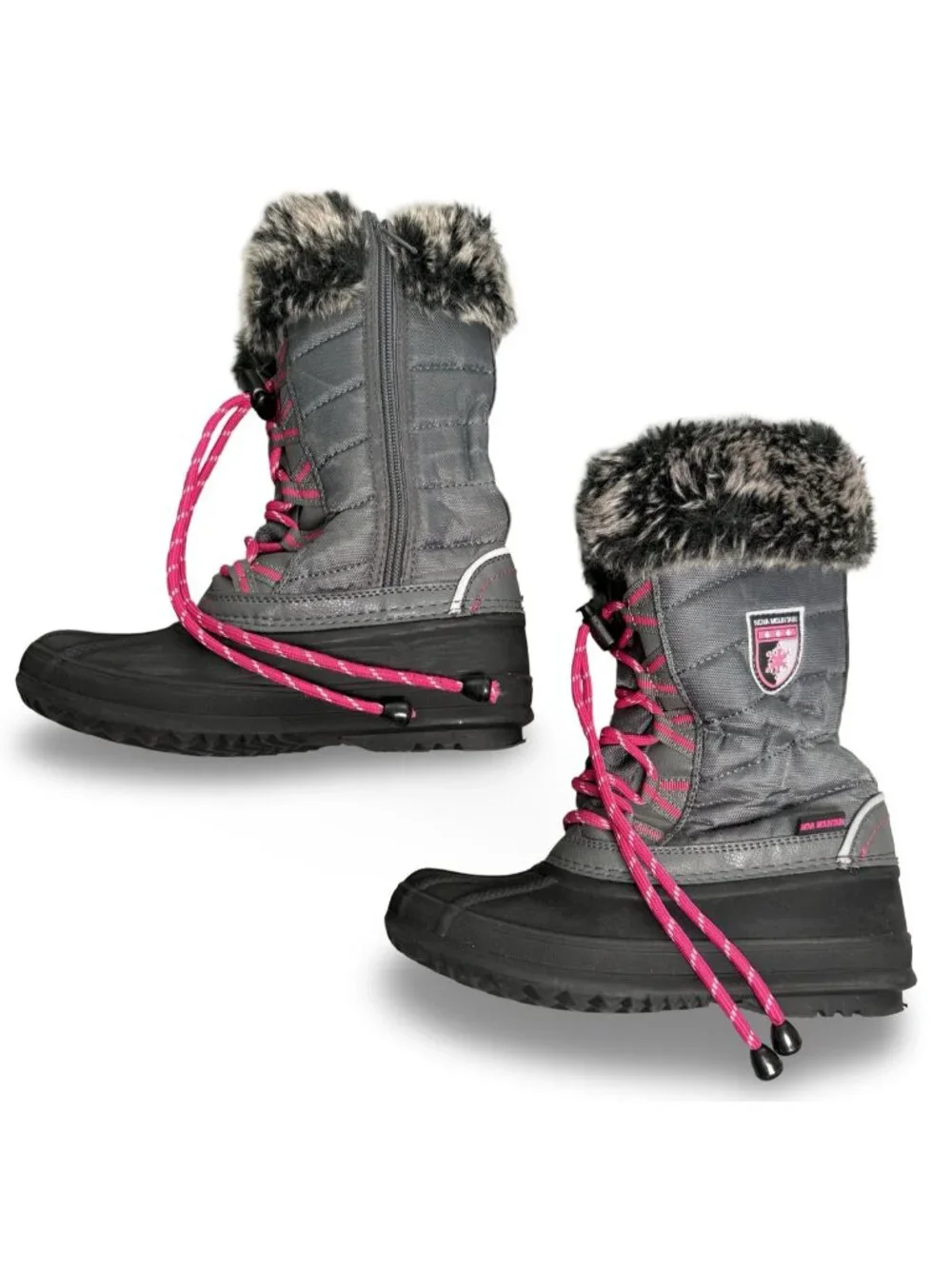 Nova Mountain Kids Snow Boots Size 2 Girls Gray Pink Faux Fur Lined Zip NFWB830